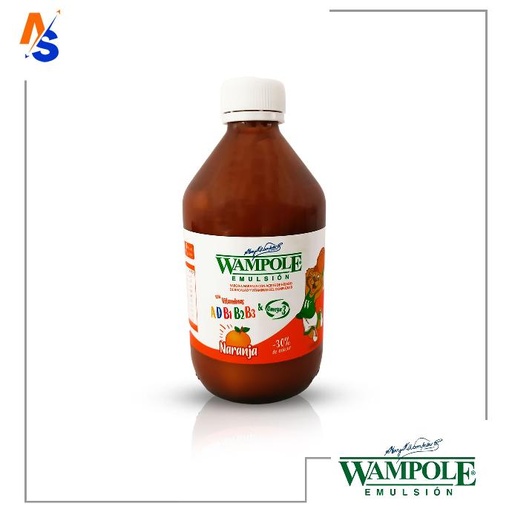 [7591309000615] Emulsión Sabor a Naranja con Aceite de Hígado de Bacalao y Vitaminas del Complejo B Wampole 360 ml 