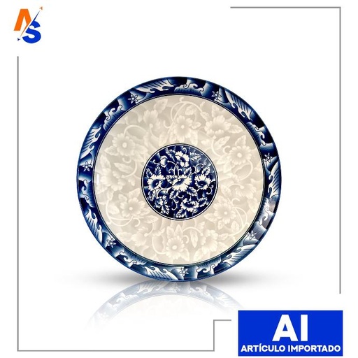 [7591000000059] Plato Llano de Porcelana (Azul y Blanco) Estilo Japonés 25 cm