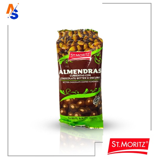 [7591720030321] Almendras Cubiertas con (Chocolate Bitter U Oscuro) St. Moritz 40 gr