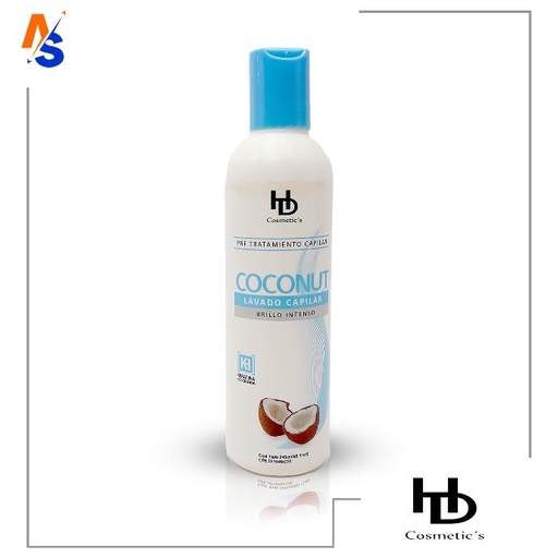 [7593723002381] Champú Pre-Tratamiento Capilar (Coconut) Brillo Intenso HD Cosmetics 240 cm³